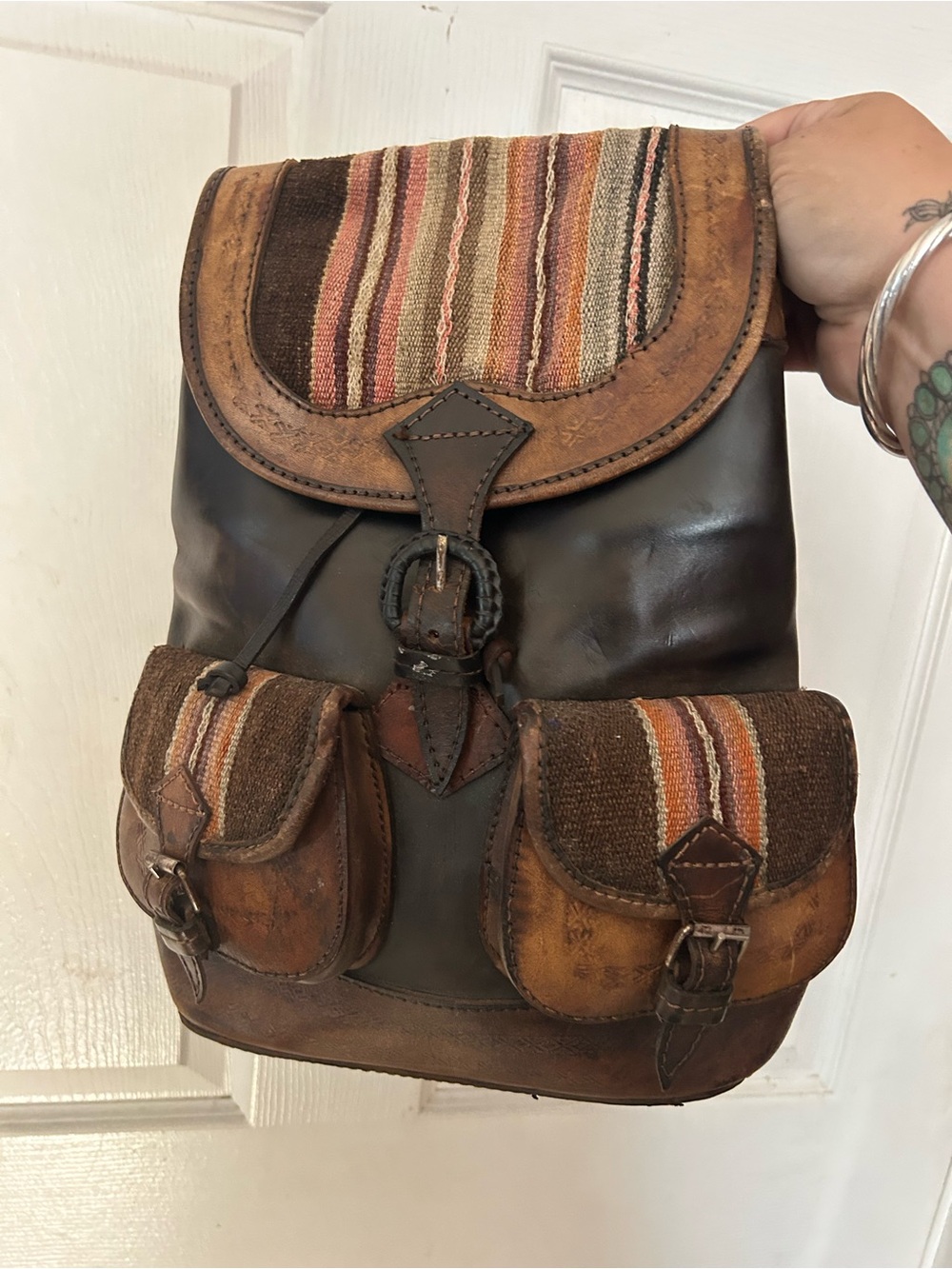 Brown Genuine Leather and Striped wool Backpack